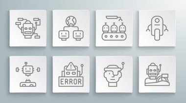 Parçalanmış robot, yapay zeka, hata, akıllı gözlük, robot insansı araba, endüstriyel robot üretimi ve ikon. Vektör