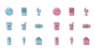 Doner kebap, dondurma, kurabiye ya da bisküvi, kutuda erişte, kamışlı kağıt bardak, şeker, kahve bardağı ve çikolata ikonu. Vektör
