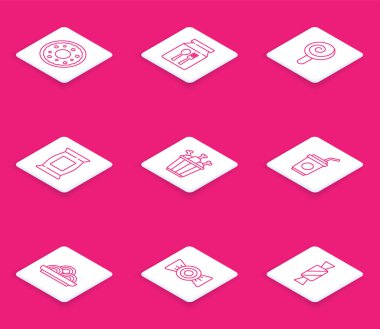 Donut, online sipariş ve teslimat, lolipop, patates cipsi, tavuk budu paketi, samanlı kağıt bardak, Asya erişte kasesi ve şeker ikonu. Vektör