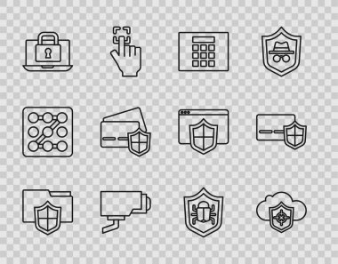 Dosya koruması, bulut ve kalkan, parola, güvenlik kamerası, dizüstü bilgisayar kilidi, kredi kartı, sistem hatası ve simgesini ayarla. Vektör
