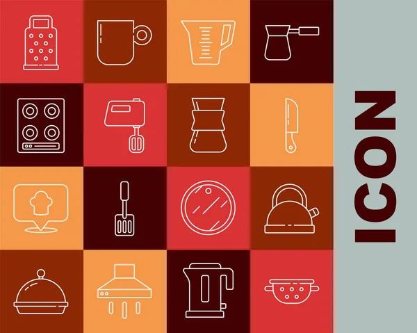 Set line Escurridor de cocina, Hervidor con mango, Cuchillo, Taza de medir, Mezclador eléctrico, Cocina de gas, Rallador y Café icono turco. Vector — Vector de stock