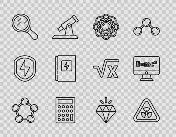 Set line Molecule, Triangle with radiation, Atom, Calculator, Magnifying glass, Electrical panel, Diamond and Equation solution icon. Vector — Stock Vector