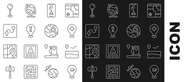 Setzen Sie die Position mit Kaffeetasse, Strand, medizinischem Standortkreuz, Stadtplan-Navigation, Alkohol- oder Bierbar, Route, Stecknadel und Lupe-Globus-Symbol. Vektor — Stockvektor