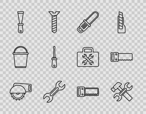 Set line Scie circulaire électrique, Marteau et clé, tronçonneuse, clé à molette, couteau à mastic, tournevis, main et icône. Vecteur — Image vectorielle