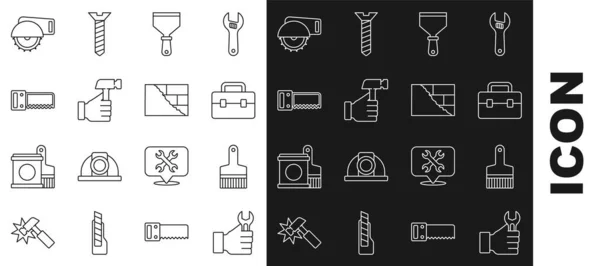 Set line Schraubenschlüssel, Pinsel, Werkzeugkiste, Putty Messer, Hammer, Handsäge, elektrische Rund- und Ziegel-Symbol. Vektor — Stockvektor