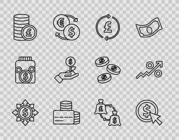 Set line Dollar, share, network, Coin money with dollar, pound, Credit card, plant, Currency exchange and Percent up arrow icon. Vector — Stock Vector