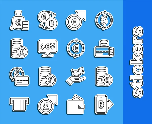Set line Exploitation Bitcoin mobile, Monnaie monnaie avec symbole euro, Carte de crédit, Croissance financière et, Change, livre, et l'icône. Vecteur — Image vectorielle