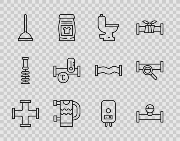 Встановити лінію Промислова металева труба та манометр, унітаз, рушникосушка, гумовий плунжер, електричний котел та іконка. Векторні — стоковий вектор