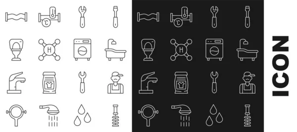 Set line Cepillo de inodoro, fontanero, bañera, llave inglesa, grifo de agua, cuenco, tubo metálico de la industria e icono de lavadora. Vector — Vector de stock