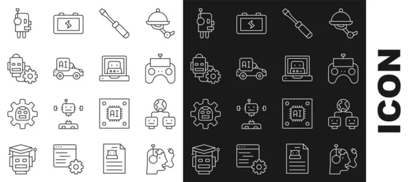 Réglage en ligne Batterie de charge de robot, intelligence artificielle, télécommande, tournevis, voiture intelligente autonome, réglage et création d'icône de robot. Vecteur — Image vectorielle