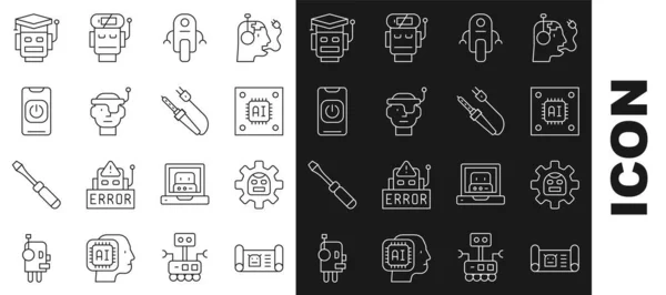 Impostare la linea Robot blueprint, Processore con microcircuiti CPU, occhiali intelligenti, Spegnere robot dal telefono, e icona saldatore. Vettore — Vettoriale Stock