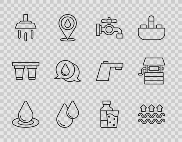 Víz csepp, víz és párolgási hullámok, csapvíz, zuhany, üveg és kút vödör ikon. Vektor — Stock Vector