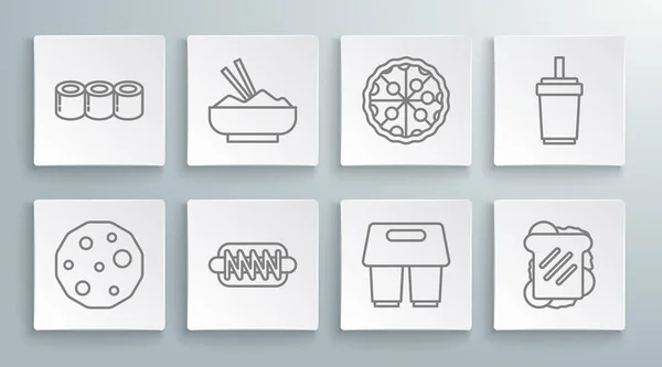 Set line Koekje of biscuit, Rijst in een kom met eetstokje, Hotdog sandwich, Koffiecup te gaan, Sandwich, Pizza, Papieren glazen rietje en Sushi icoon. Vector — Stockvector