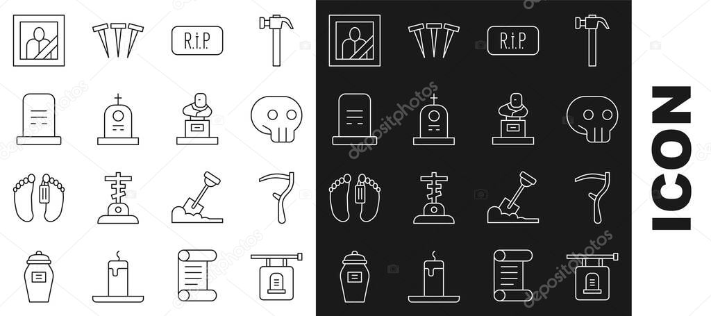 Set line Signboard tombstone, Scythe, Skull, Speech bubble rip death, Grave with, Mourning photo frame and icon. Vector