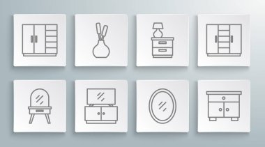 Soyunma masası, vazo, televizyon standı, ayna, mobilya sehpası, lamba, gardırop ve ikon. Vektör