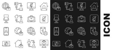 Çevrim içi çalışma, zaman yönetimi, dilsiz mikrofon, bilgisayar, ofis sandalyesi ve simge. Vektör
