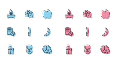 Bir şişe su, cam, ağırlık, Aroma mumu uyku zamanı, Smartwatch, Muz, Spor Eğitim Programı ve Uykucu ikonu. Vektör