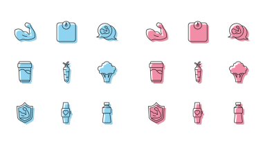 Vücut geliştirici kas, akıllı saat, bir şişe su, havuç, brokoli, cam ve banyo ikonu. Vektör