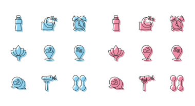 Vücut geliştirici kas, çatalda havuç, bir şişe su, Dumbbell, Uykucu, Lotus çiçeği ve uyku ikonu. Vektör
