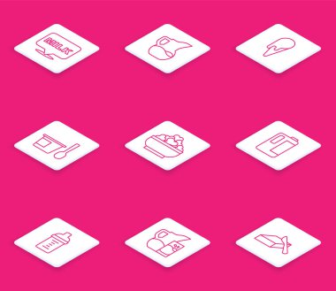 Süt, sürahi ya da sürahi, dondurma külahı, kaşık, süzme peynir, plastik şişe, bebek ve cam ikon içeren yoğurt kabı. Vektör