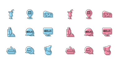 Tereyağında tereyağı, süt, milkshake, sürahi ya da sürahi, mektup sütü, krem şanti ve peynir ikonu. Vektör