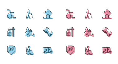 Hat körlüğü, kadın tekerlekli sandalyesi, tekerlekli sandalye, acil durum arabası, elektrik, gözlük, serum torbası ve insan sopası ikonu. Vektör