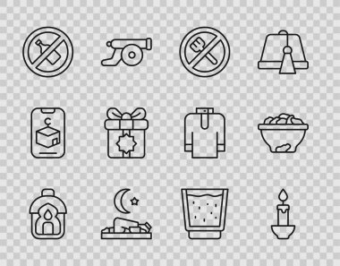 Ramazan Kareem feneri, yanan mum, oruç tutan Müslüman adam dua ediyor alkol yok, hediye kutusu yok, su ve hurma kasesi ikonu olan bardak. Vektör