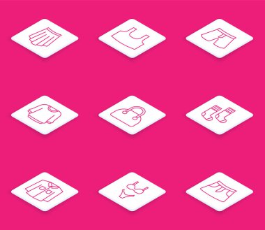 Çizgi, etek, atlet, kısa pantolon, süveter, el çantası, çorap, tişört ve mayo ikonu. Vektör