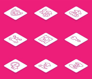 House 'u kalkan, dolar, araba paylaşımı, anahtar, zaman para ve emlakçı ikonu ile ayarla. Vektör