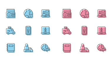 Satır Defteri, Televizyon Raporu, Haber Radyosu Kanalı, Dünya Haberleri, Mobil Kayıt, Bilgi, TV Araba ve Simge. Vektör