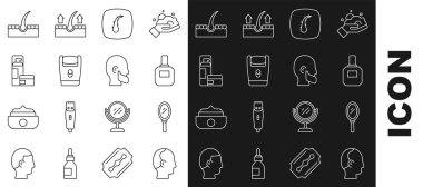 Düz çizgi kellik, el aynası, tıraş losyonu, insan saç kökü, elektrikli tıraş bıçağı tıraş jeli köpüğü ve bıyık sakalı ikonu. Vektör