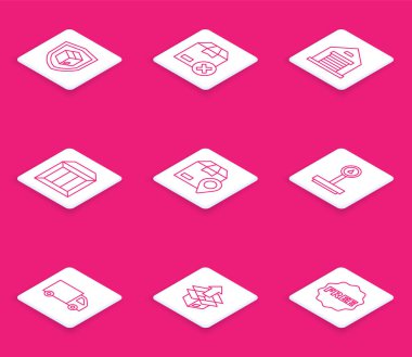 Hat teslimat güvenliğini kalkan, karton kutu, depo, konum, ölçek, kargo kamyonu ve unbox ikonu ile ayarlayın. Vektör