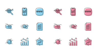 Satır çizelgesi bilgisini, Finansal büyümeyi, Arama veri analizini, Yönetim Kurulu 'nu, Zaman Yönetimi, Belge ve Mobil hisse senedi simgesini ayarla. Vektör