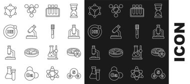 Hat sülfür dioksit SO2, toksik sıvı, mikroskop, helyum, molekül ve ikon içeren test tüpü ayarlayın. Vektör