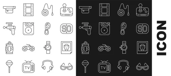 Set line Glasses, Photo, 90s Retro, Yoyo toy, Floppy disk, Ray gun, Waist bag of banana and Ear with earring icon. Vector — Archivo Imágenes Vectoriales
