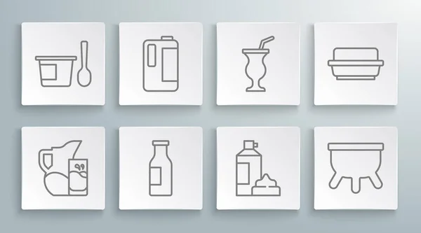 Süt sürahisi ya da sürahi ve cam, plastik şişede, sütlü şişe, krem şanti, Udder, Milkshake, tereyağı kabı ve yoğurt kaşığı ikonu. Vektör — Stok Vektör