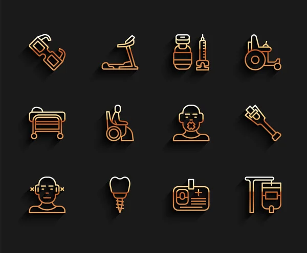 Set line Deaf, Dental implant, Eyeglasses, Identification badge, IV bag, Woman in wheelchair, Prosthesis leg and Head of deaf and dumb icon. Vector — Stockvektor