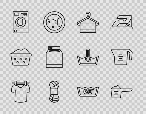 Set line Drying clothes, Washing powder, Towel on hanger, Yarn, Washer, Temperature wash and Measuring cup icon. Vector — Stock Vector