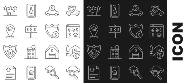 Set line Autodelen, Huis met dollar, Online vastgoed, verhuur, Locatiehuis, pictogram Real and Shield. Vector — Stockvector