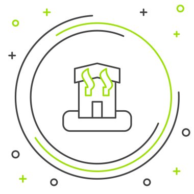 Beyaz arka planda çizgi kundaklama simgesi izole edildi. Yangın var. Ofis pencerelerindeki alevler. Yanık tesisi. Kendiliğinden olan bir felaket. Renkli taslak konsepti. Vektör