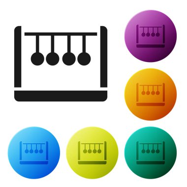 Beyaz arkaplanda siyah sarkaç simgesi izole edildi. Newtons beşiği. Simgeleri renk daire düğmelerine ayarla. Vektör