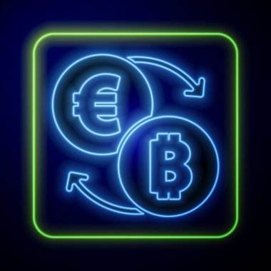 Parlayan neon kripto para değişimi simgesi mavi arkaplanda izole edildi. Bitcoin 'den Euro takas simgesine. Kripto para teknolojisi, mobil bankacılık. Vektör
