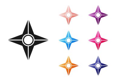 Siyah Japon ninja shuriken simgesi beyaz arkaplanda izole edildi. Simgeleri renklendirin. Vektör
