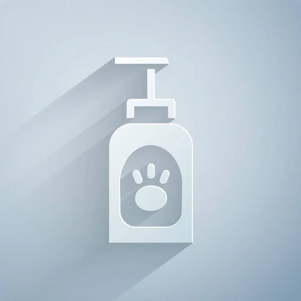Kağıt kesiği, gri arka planda izole edilmiş hayvan şampuanı ikonu. Evcil hayvan bakım işareti. Köpek temizleme sembolü. Kağıt sanatı tarzı. Vektör — Stok Vektör