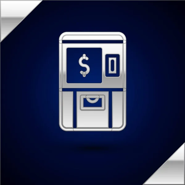 Caixa eletrônico de prata - Máquina de caixa automatizada e ícone de dinheiro isolado no fundo azul escuro. Vetor — Vetor de Stock