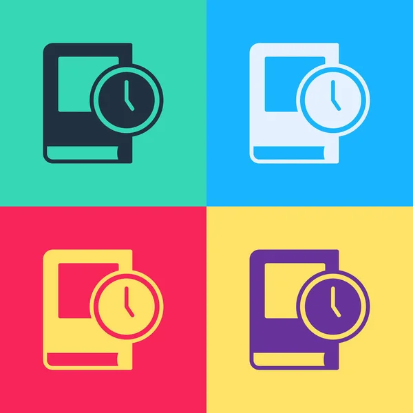 Pop art Tiempo para el icono del libro aislado en el fondo de color. Vector — Archivo Imágenes Vectoriales