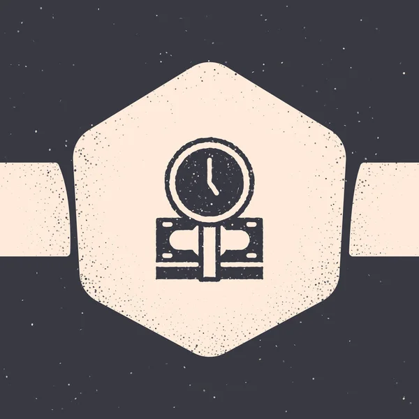 Grunge Time je ikona peněz izolované na šedém pozadí. Peníze jsou čas. Efektivní řízení času. Převést čas na peníze. Černobílý vinobraní. Vektor — Stockový vektor