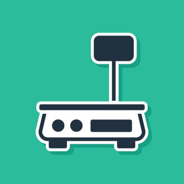 Mavi Elektronik Ölçek simgesi yeşil arkaplanda izole edildi. Yemek için kilo. Markette ya da süpermarkette tartılma işlemi. Vektör