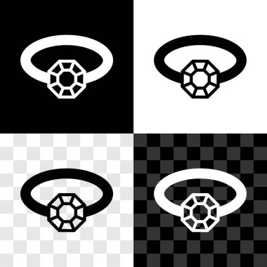 Elmas nişan yüzüğü simgesini siyah beyaz, şeffaf arkaplanda izole et. Vektör