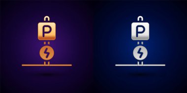 Siyah arka planda altın ve gümüş yüklü elektrikli araba ikonu izole edildi. Vektör